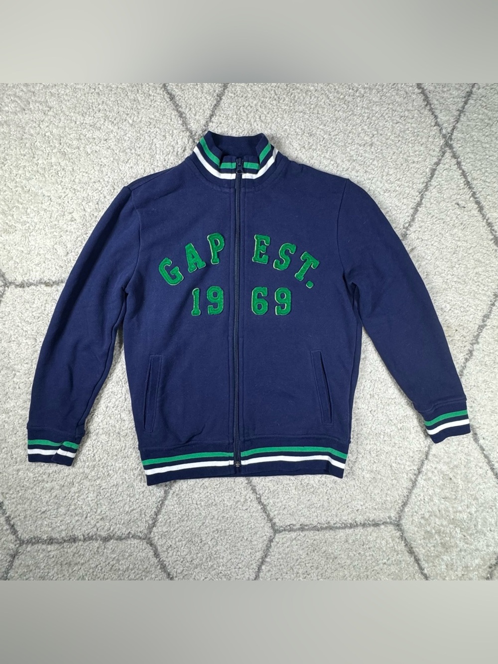 GAP Kids Navy Zip-Up Bomber Jacket with Green Lettering